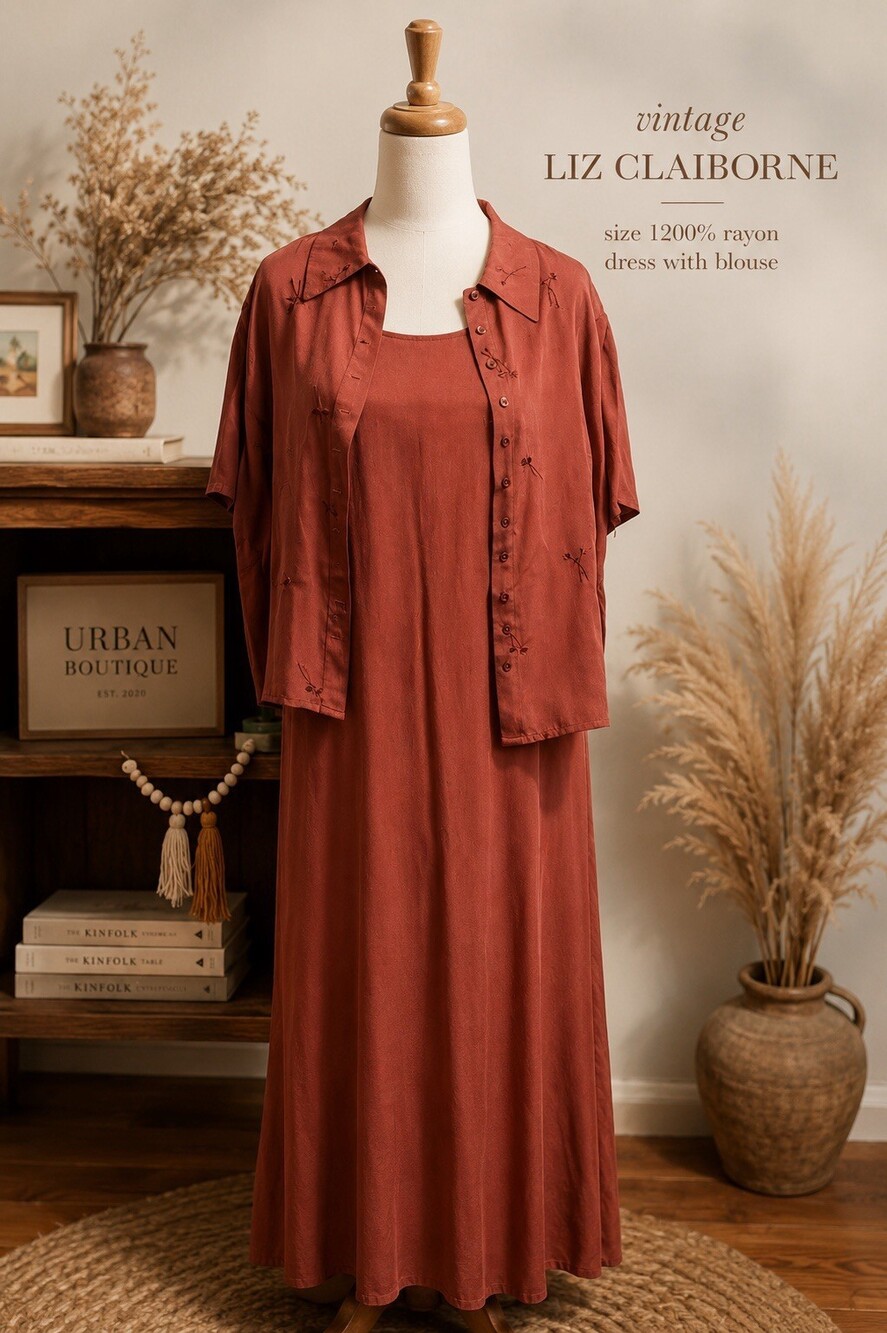 Vintage Liz Claiborne Rayon Dress Set Two Piece Embroidered Dress & Blouse Sz 12